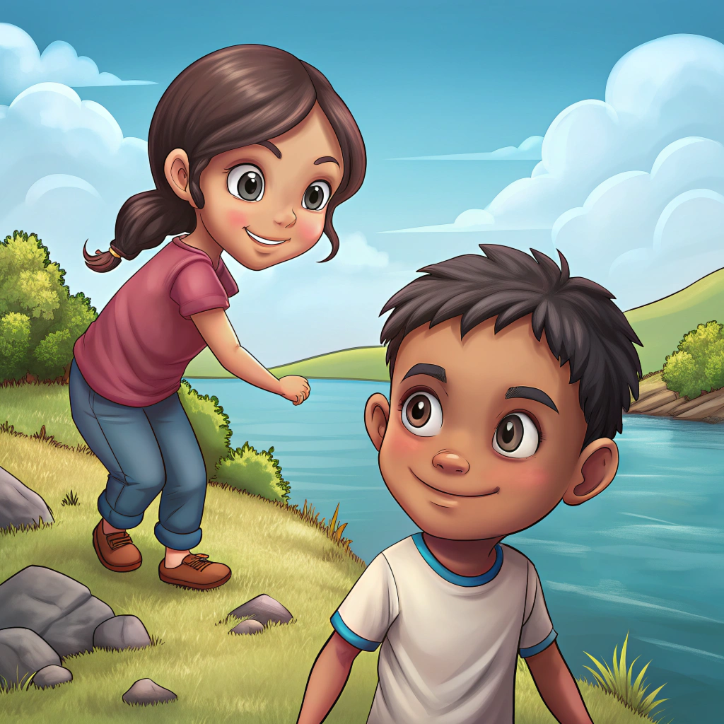 Illustration of two children playing by the riverside